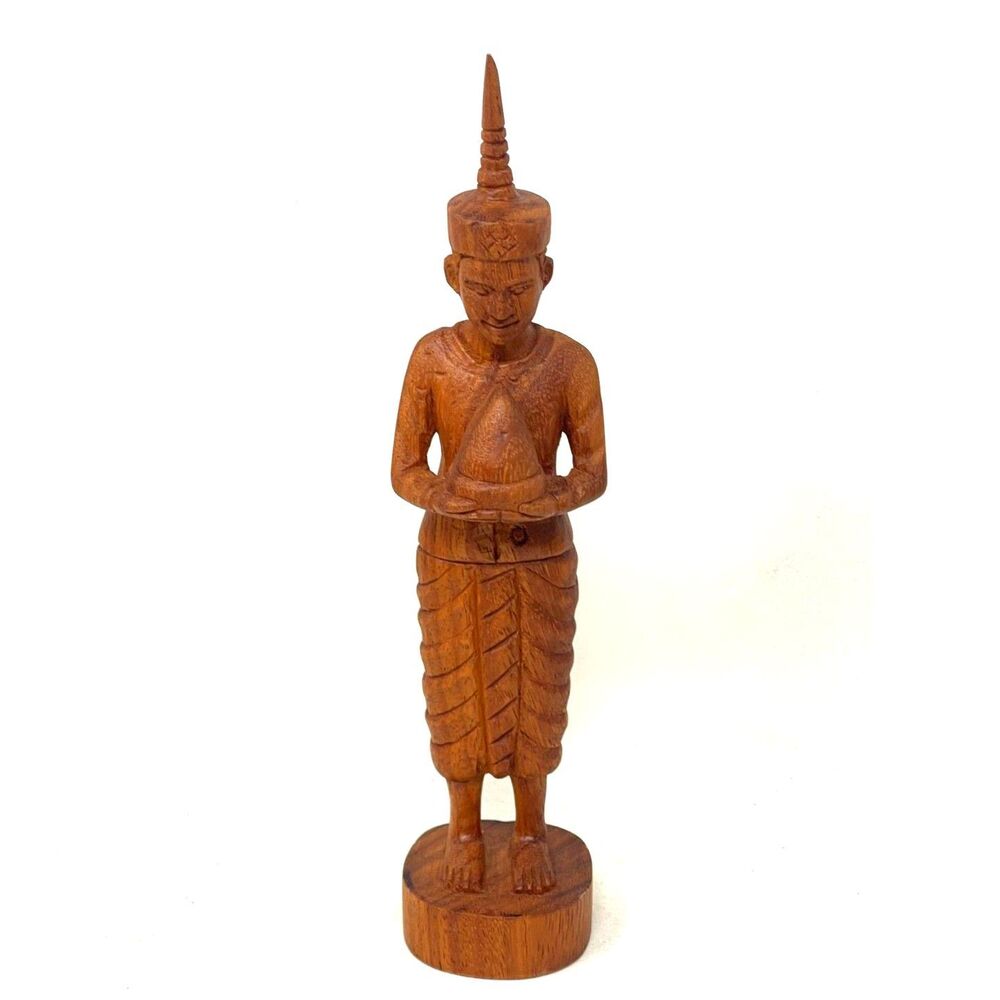 Vtg Hand Carved Thai Buddha Theppanom 11" Wood Standing w/Offering Male Figure.